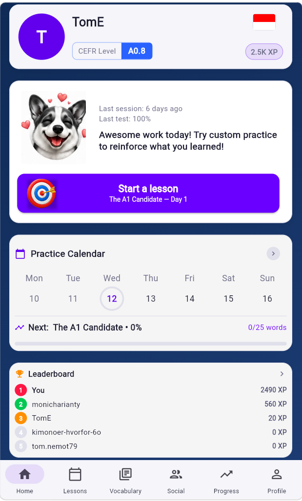 Dashboard with daily progress