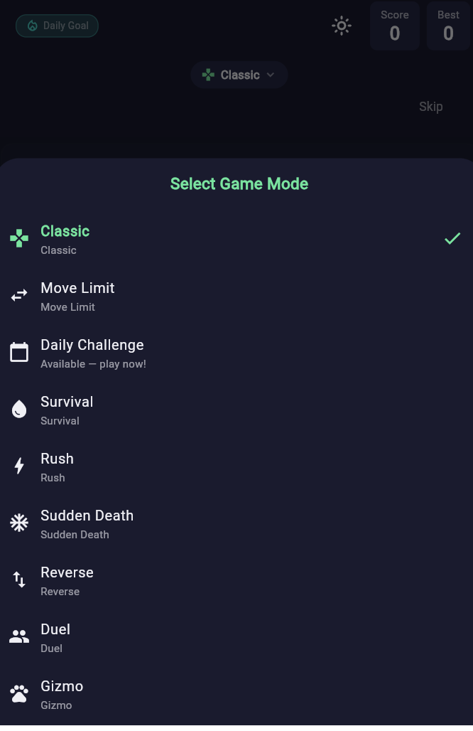 Game modes selection